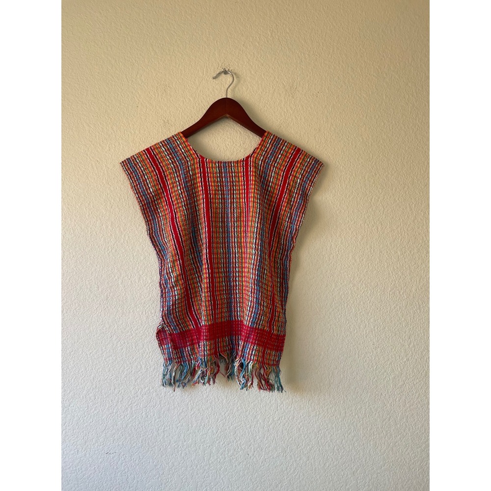Handwoven vintage Huipil Top Red Multi Color Striped Fringe Boho Folk Art - Picture 2 of 4